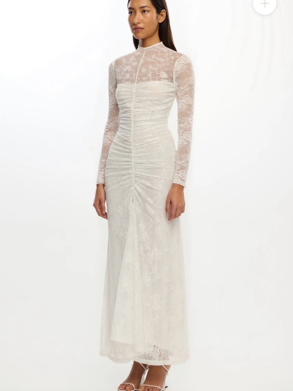 Ivory Lace Long-Sleeve Ruched Maxi Dress